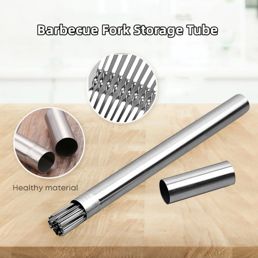 Stainless Steel Barbecue Skewer with Storage Tube Reusable Flat Grill Sticks Kitchen Outdoor Camping Gadgets BBQ Accessories barbecue skewers barbecue tools