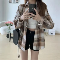 Women Tartan Shirt Long Sleeve Collared Button Up Oversized Plaid Shirt Jacket Grunge Fashion Teenage Girl Spring Summer Outfit 5