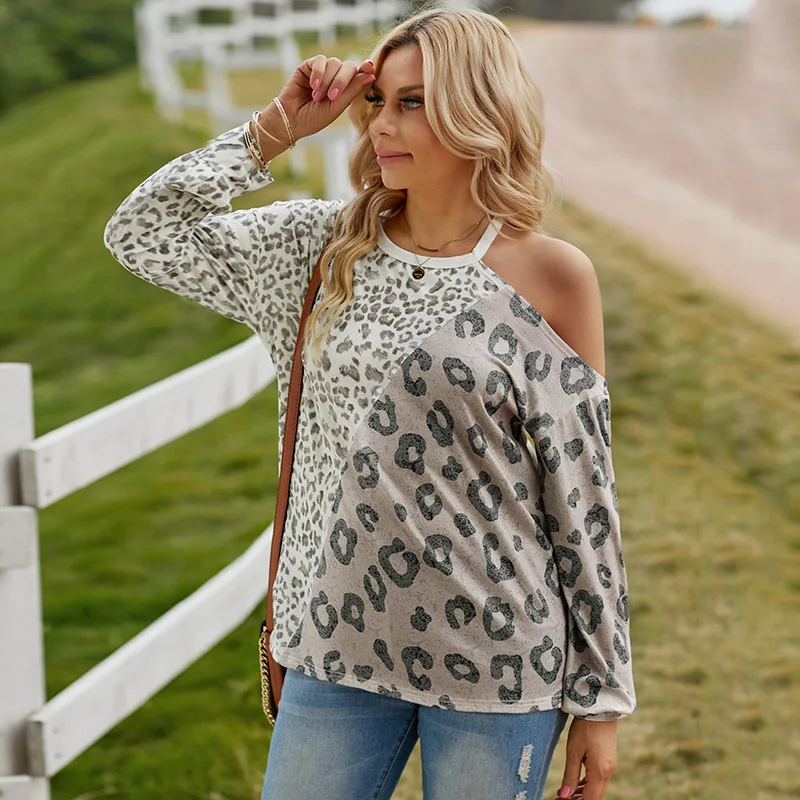 

Unilateral Off Shoulder Long Sleeve Top Women's Leopard Print Fashion Slim Fit T-shirt 251112145