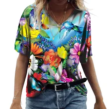 

2022 New Women Prairie Chic Floral Print Butterfly T Shirt Summer Short Sleeve Loose Ladies Shirts Casual V-Neck Female Tops Tee