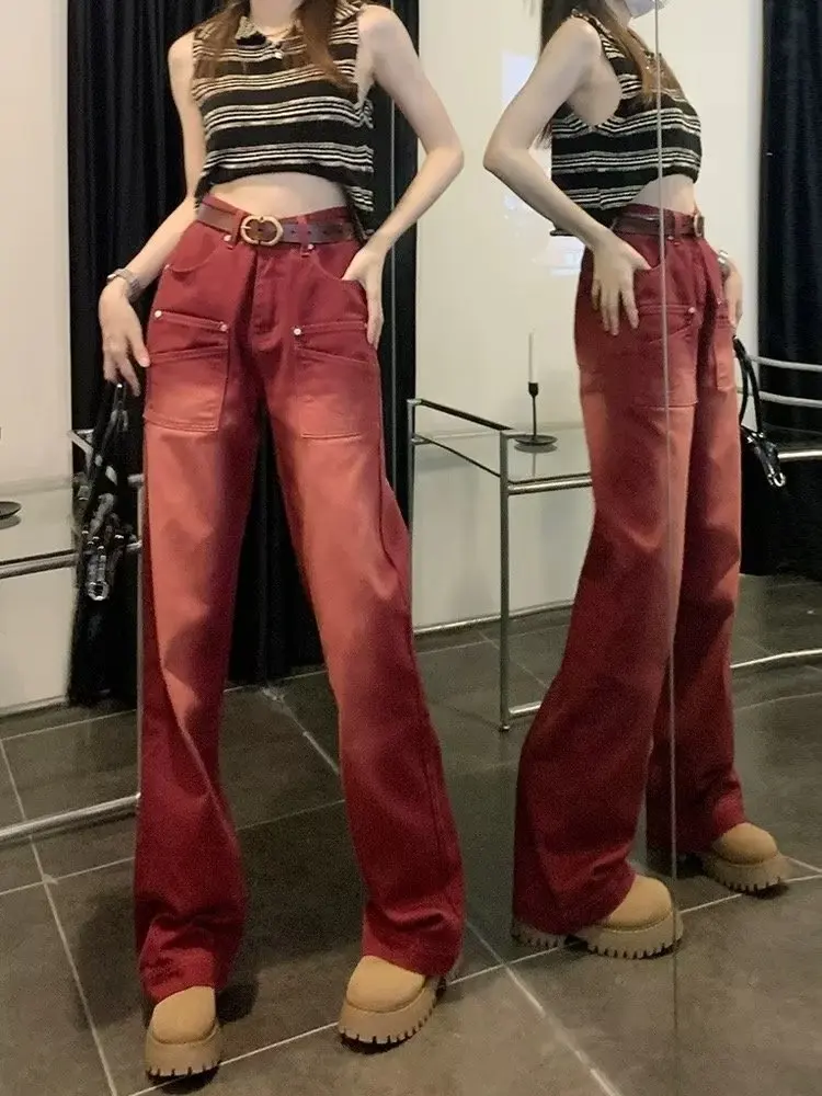 

Red Pants woman Streetwear Baggy Jeans High Waist Boyfriend Style Y2k Vintage Washed Distressed Wide Leg Mopping Denim Trousers