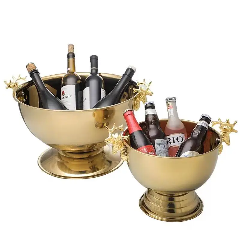 13.5L Deer Head Ear Champagne Bowl 304 Stainless Steel GOLD SILVER Big ICE BUCKET BOWL Large Bar Beer Bucket Basin