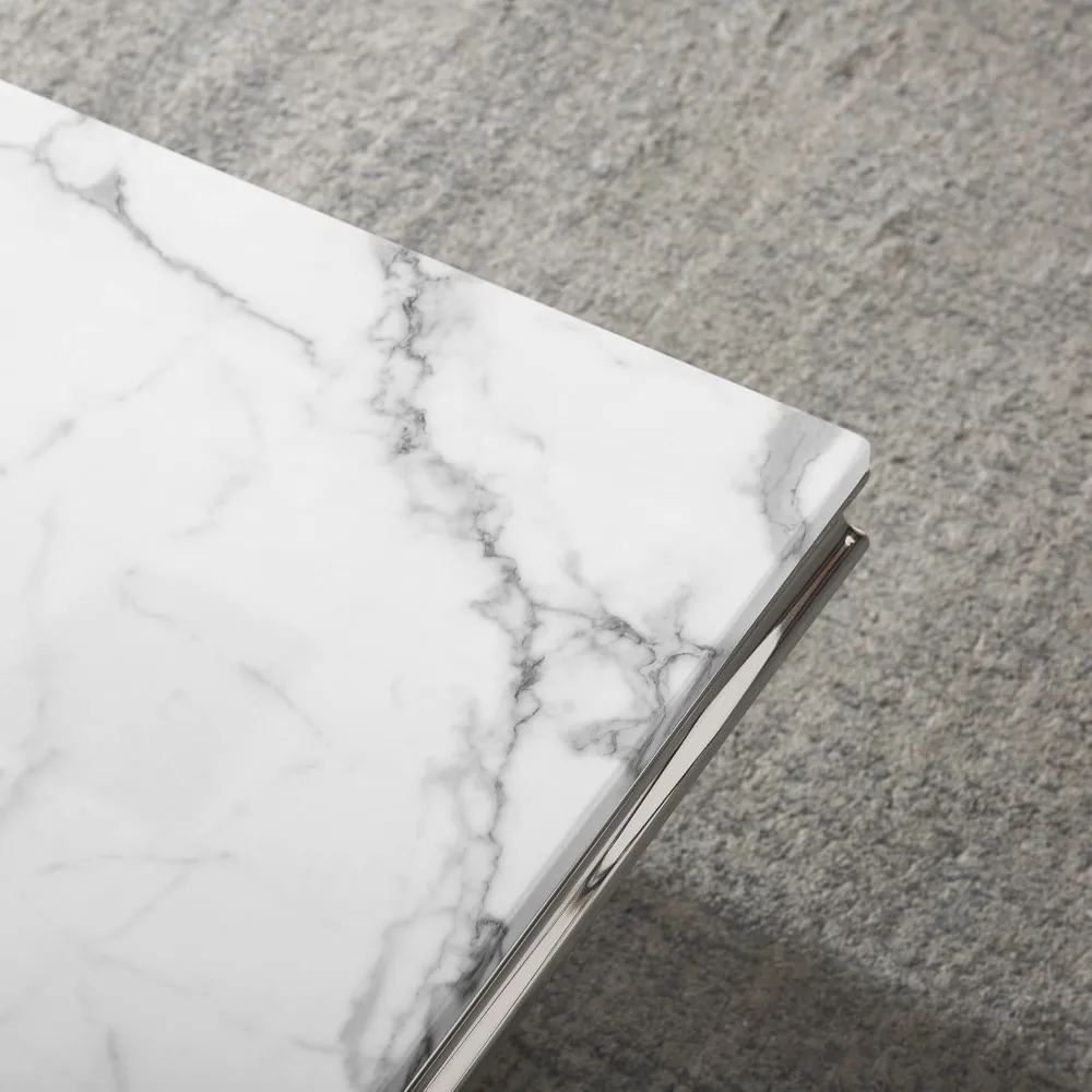 Modern Marble Coffee Table,Rectangular White and Silver with U-Shape Stainless Steel Base with Silver Mirrored Finish LivingRoom 4