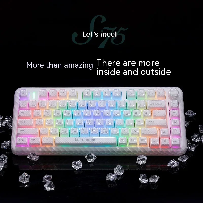 RGB 무선 기계식 키보드, 다기능 노브, 3 가지 모드, 핫 스왑 개스킷, PC 게이머 액세서리, Win, RX S75