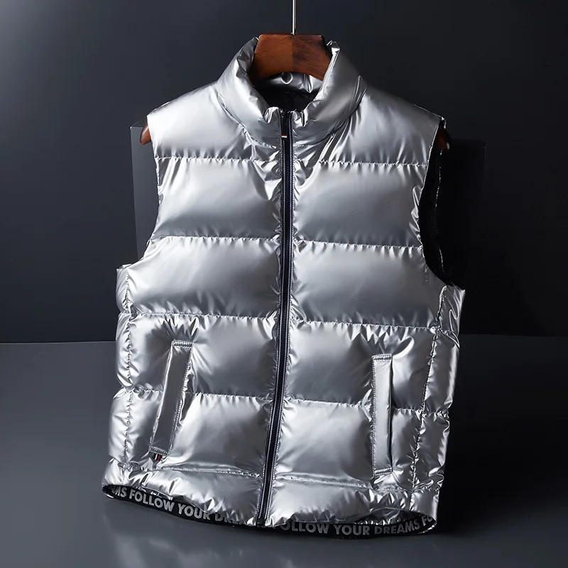 

2023 Fall and Winter Fashion New Men's Casual Glossy Vest Slim-Type Undershirt Stand-Up Collar Warm Trend Shoulders Vest Jacket