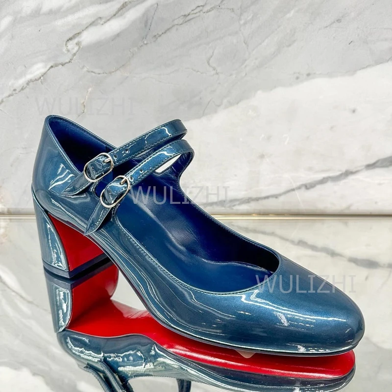 Red Patent Leather Blue Mary Jane Chunky Low Heel Sandals Girls Cute Bright Colors Buckle Round Heels Woman Black Leather Shoes