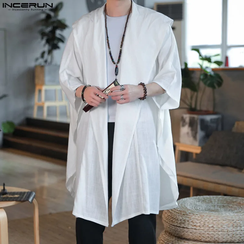 

Men's Trench Retro Kimono Hooded 3/4 Sleeve Open Stitch Long Thin Irregular Coats Solid 2024 Streetwear Casual Outerwear INCERUN