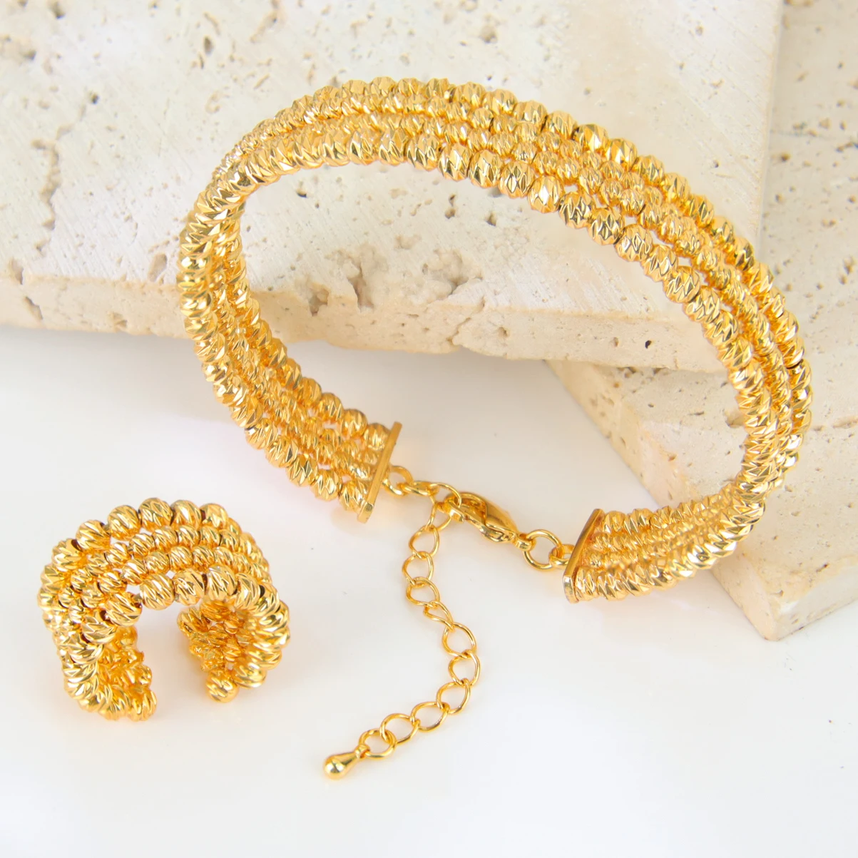 Türkische Vintage Öffnung Armreifen Ring Set 24k vergoldet Nigeria Braut Hochzeit Perlen Armband Oman Frauen heiraten Party Schmuck – Detail 12