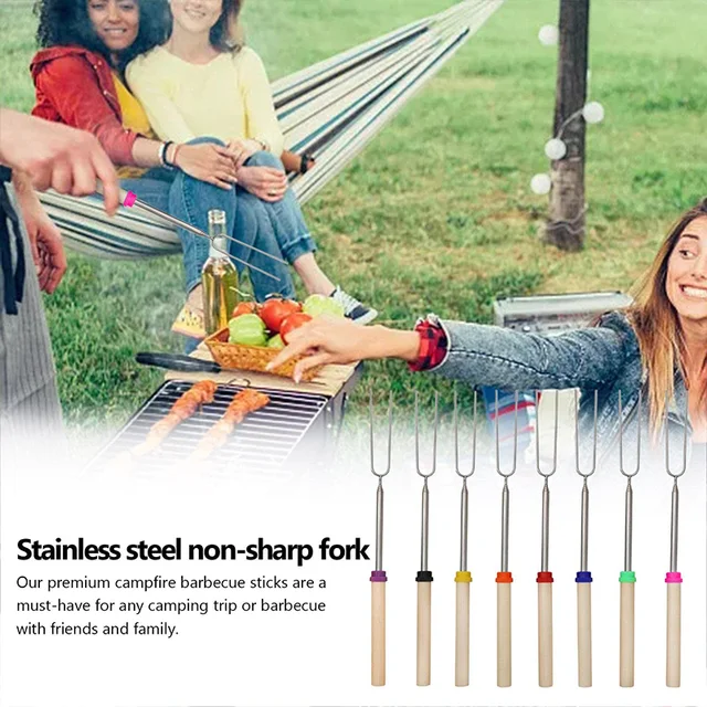 8Pcs Telescoping Barbecue Fork Stainless Steel Double Metal Skewers Roasting Stick Smores Skewer for Hot Dog BBQ Picnic Camping 5