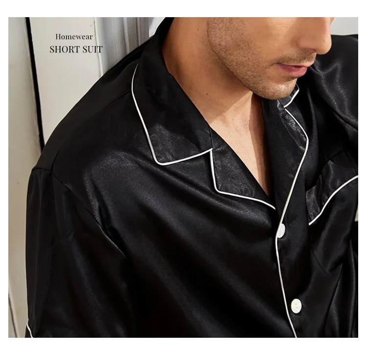 Zweiteiliges Herren-Pyjama-Set aus Satin, lässig, bequem, Pyjama, Knopftasche, kurzärmliges Hemd mit Shorts, Pyjama-Nachtwäsche für Herren – Detail 11