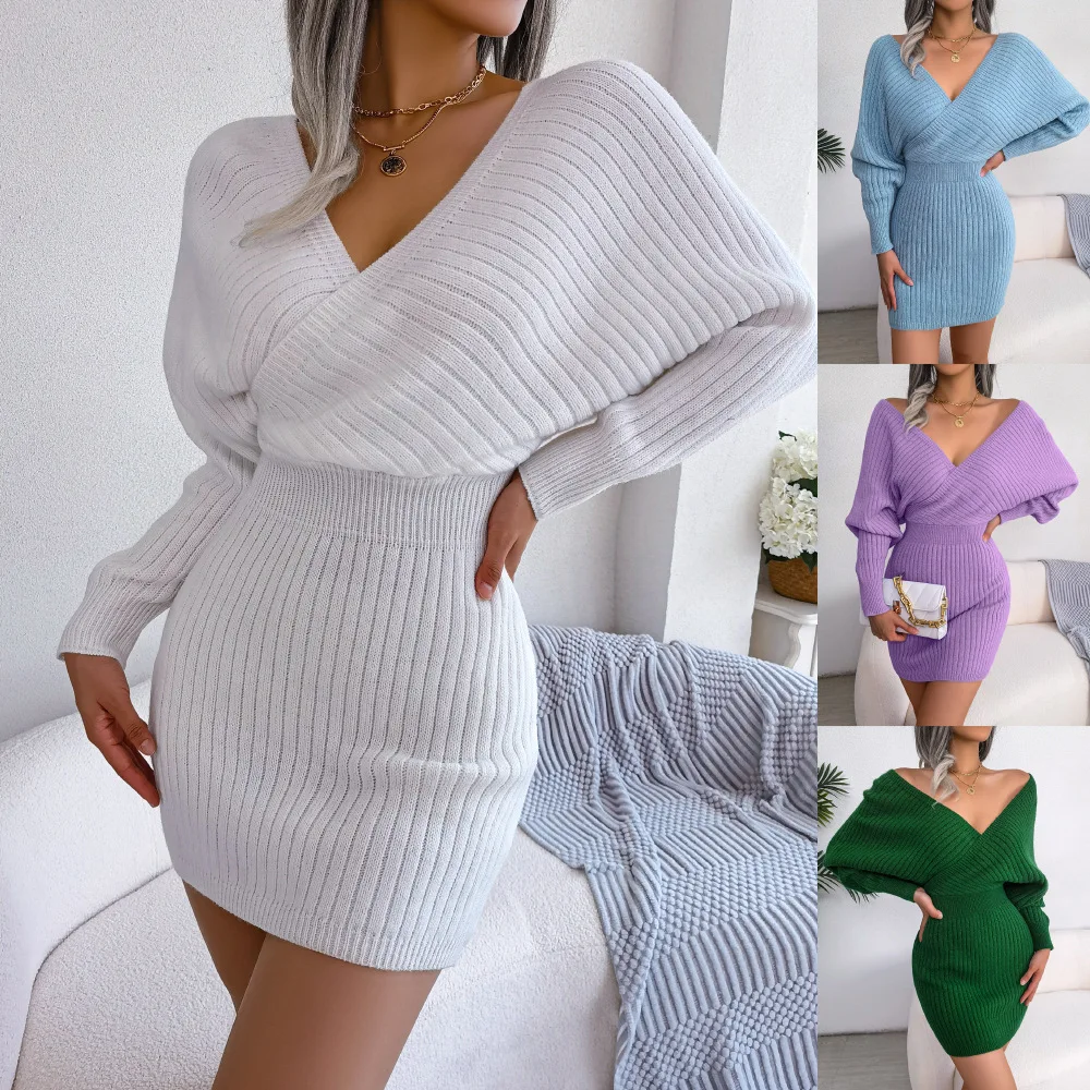 

Women Dresses Batwing Sleeve V Neck Pullover Solid Color Knitting Sweaters Dress High Street Vestidos Sexy Wrap Buttocks