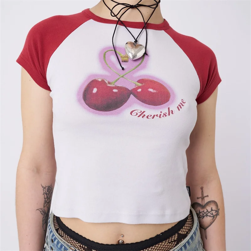 

Women Y2K Graphic Print Short Sleeve Crop Tops T-Shirt Round Neck Slim Fit Tee Tops 90S E Girl Clothing