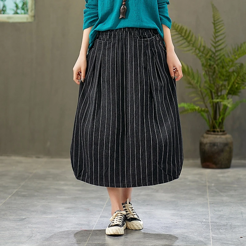 TIYIHAILEY Free Shipping Striped Fashion Long Mid-Calf A-line Skirt Women Elastic Waist Spring Autumn Denim Jeans Vintage Black