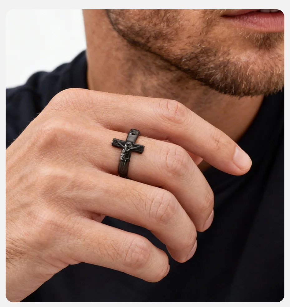Vnox Edelstahl Offener Kreuzring für Herren, Verstellbarer Jesus-Kruzifix-Glaubensring, Schwarz-Gold-Silberfarbene Religiöse Ringe NEU – Detail 2