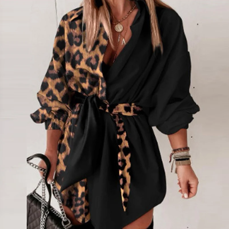 

Female Vintage Long Sleeve Party Dress Trend Splicing Leopard Office Women Shirt Dresses Autumn Casual Lace-up Waist Mini Dress