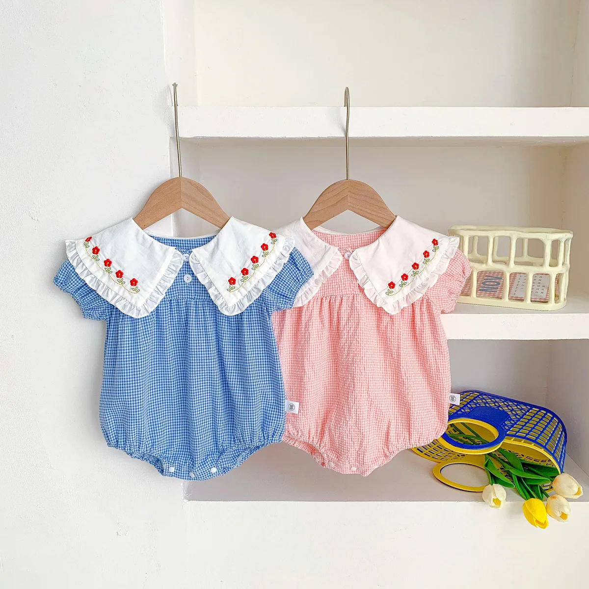 

Summer New Baby Girls Embroidered Bodysuits Plaid Newborn Girls Peter Pan Collar Princess Jumpsuit Toddler Soft Cotton Outfits
