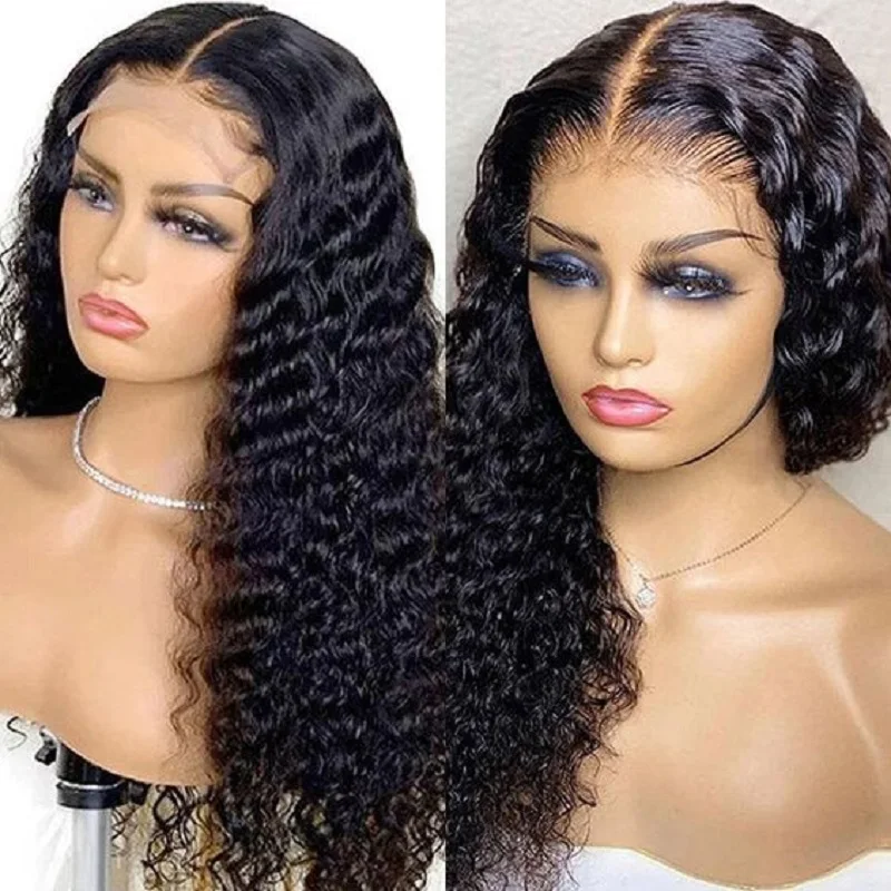 

Soft Preplucked Glueless 26 Inch 180% Density Long Deep Wave Curly Black Lace Front Wig Fiber Preplucked Wig