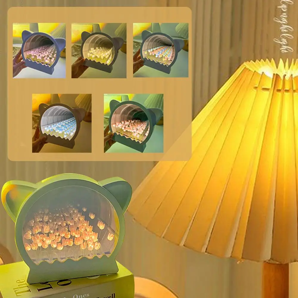 

Flower Sea Night Light Creative Handmade DIY Cat Head Tulip 520 Valentine's Day Home Decoration Birthday Gift For Girlfrien G8P6