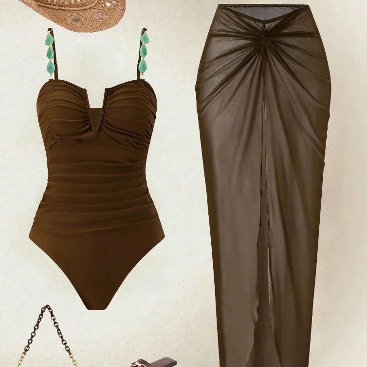 2026 New Fashion One-Piece Swimsuit Slimming Cover-Up Women's Swimming Costume Beach Dress Set High Elasticity No Sleeve