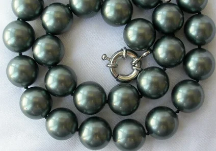 

free shipping stunning big 14mm round Tahiti black south sea shell pearl necklace AAA