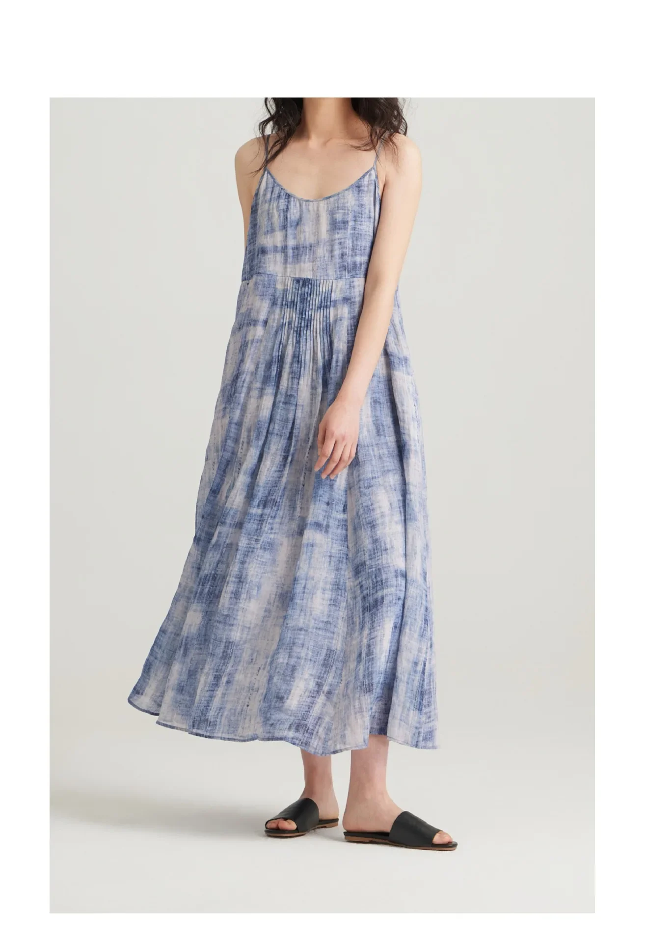women's two-piece set with ramie print, flowing large hem shirt, top with suspender dress, long skirt, elegant women's clothing