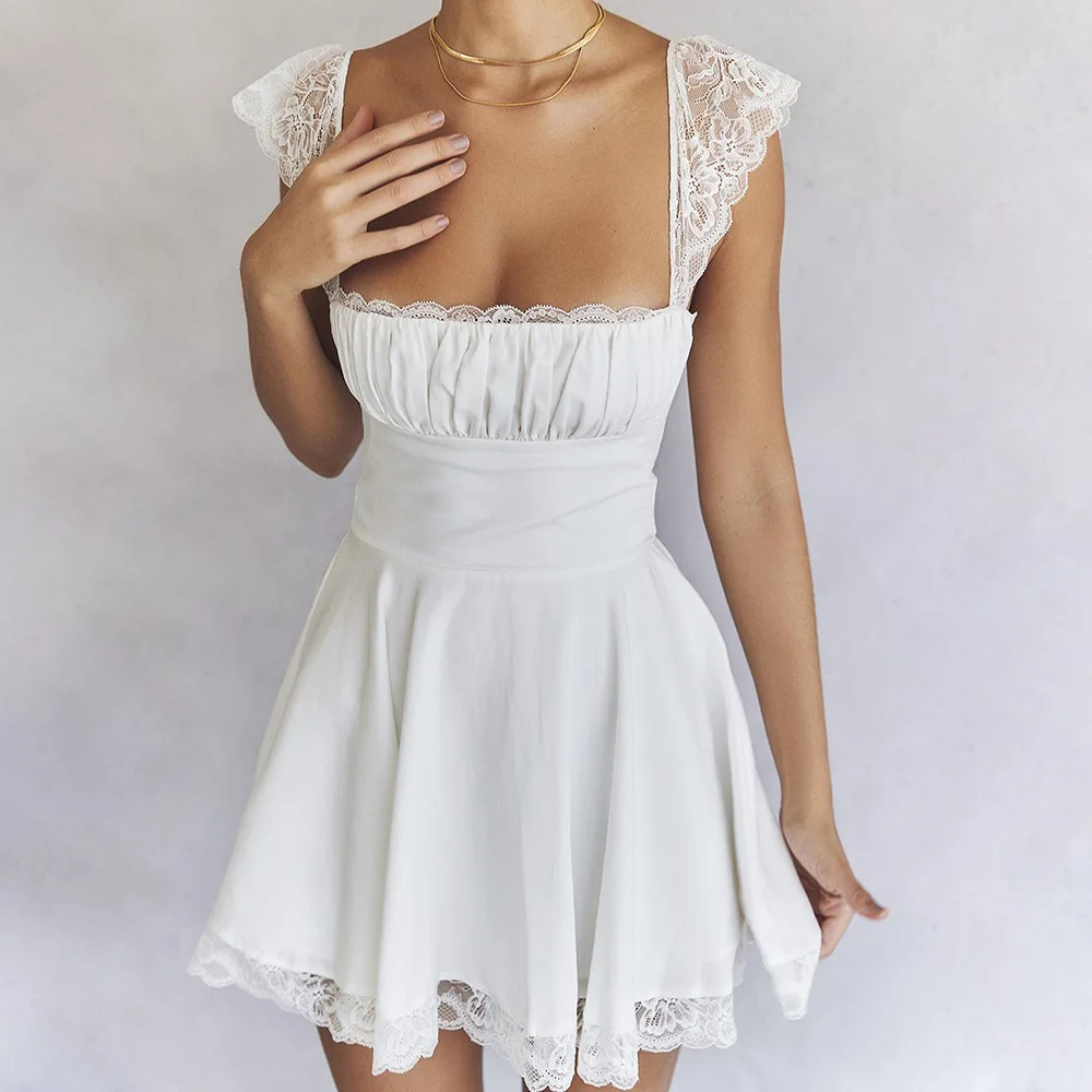 

2023 Mozision Elegant White Lace Strap Mini Dress For Women Fashion Sleeveless Backless Loose Sexy Short Dresses Pure Color