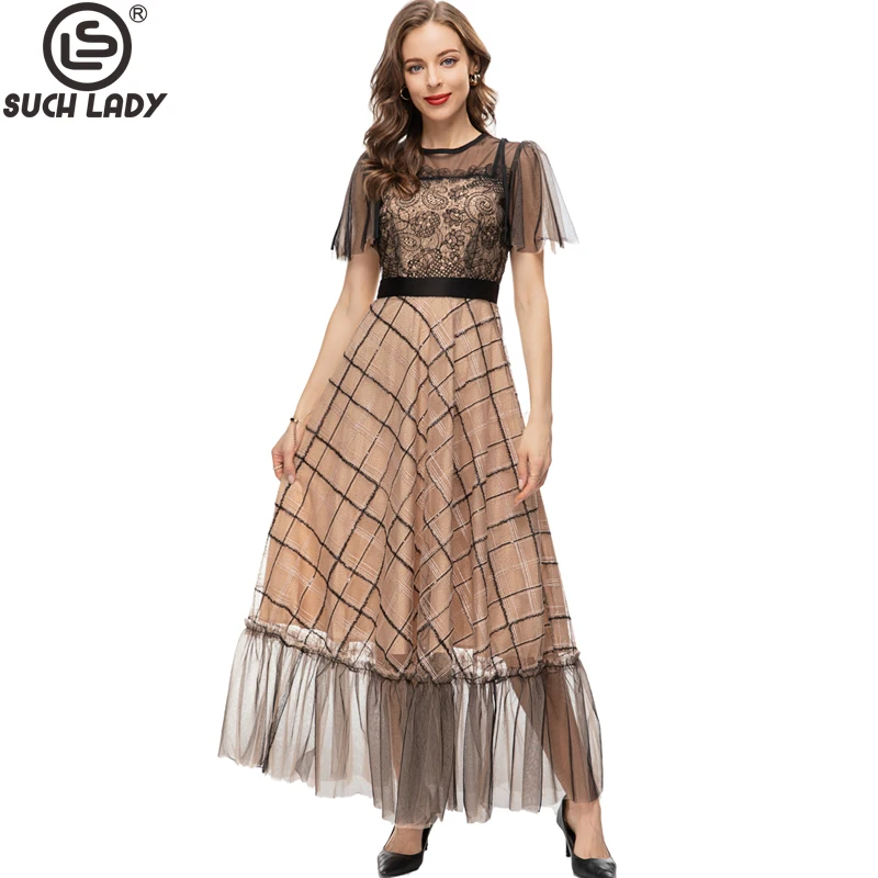 

Women's Runway Dresses O Neck Short Sleeves Embroidery Patchwork Ruffles Fashion Party Prom Gown