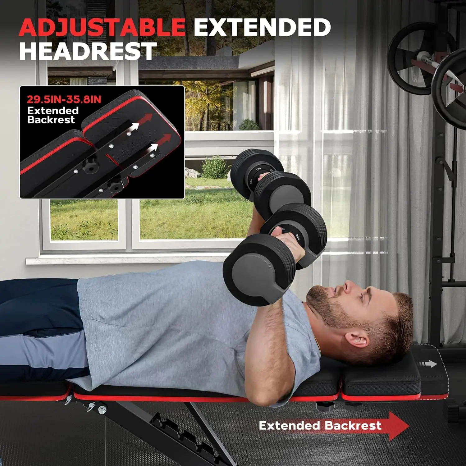 Weight Bench, Foldable Workout Bench for Home Gym, Bench Press with Leg Extension & Preacher Pad, Extra Headrest, Incline Sit Up