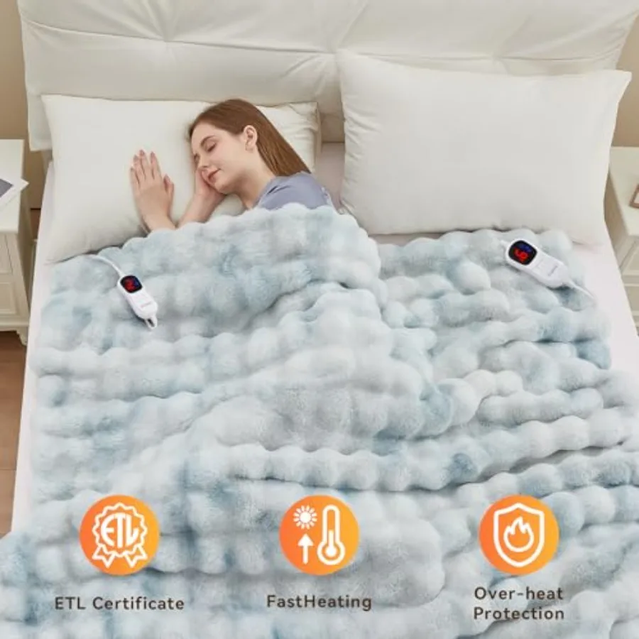 Electric Heated Blanket Throw with 1 2 4 6 8 Hours AutoOff Function 10 Adjustable Heat Levels 90'' x 100'' Cozy Faux Rabbit Fur