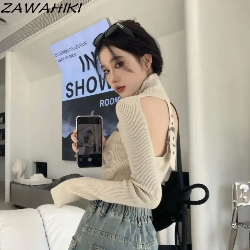 

Knitted Cardigan Korean Fashion Chic Y2K Backless Slim Zipper Long Sleeve Sweater Jackets Spring Fall Hollow Out Crop Top Mujer