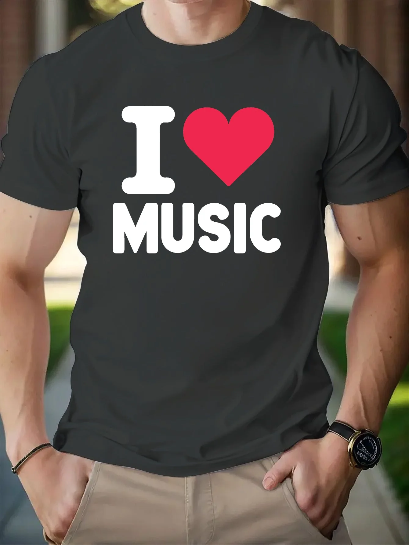 

Мужская футболка с принтом в виде красного сердца I LOVE MUSIC, летняя футболка с коротким рукавом и круглым вырезом, повседневный удобный хлопковый топ для повседневной носки
