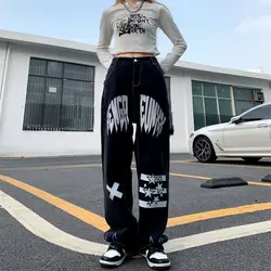 Streetwear Fashion Women Vintage Black Jeans Star Print High Waist Spring Autumn Harajuku Loose Straight Casual Trousers Female