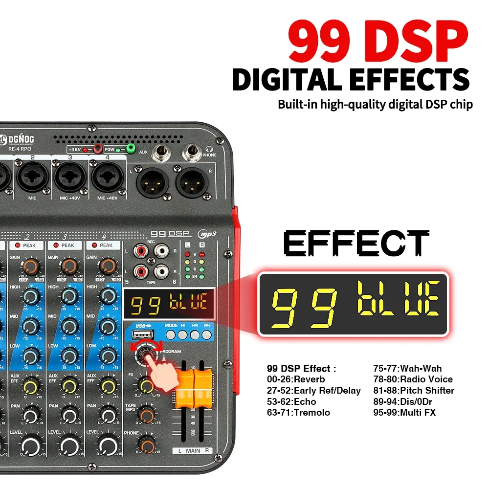 RE-4 PRO 4-Channel Sound Mixer 99 DSP Effects Professional Mixing DJ Console Bluetooth USB Interface Audio Mixer Record Computer