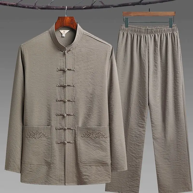 Men Hand Button Tang Suit Shirt & Pants Cotton Linen Vintage
