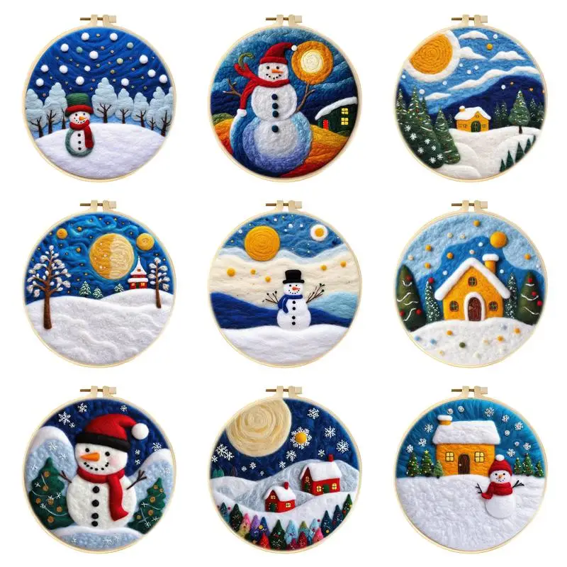 CHENISTORY Wool Felting Painting Winter House Landscape Kit Diy Funny Wool Needle Felt Picture Snowman Kit Craft Christmas Gift
