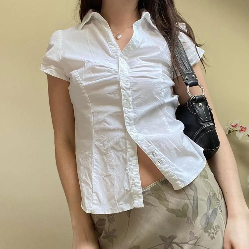 Frauen Kurzarm drehen Kragen Knopf Hemden Vintage Harajuku koreanischen Sommer lässig Crop Tops 2024 Mode neue Dame Bluse