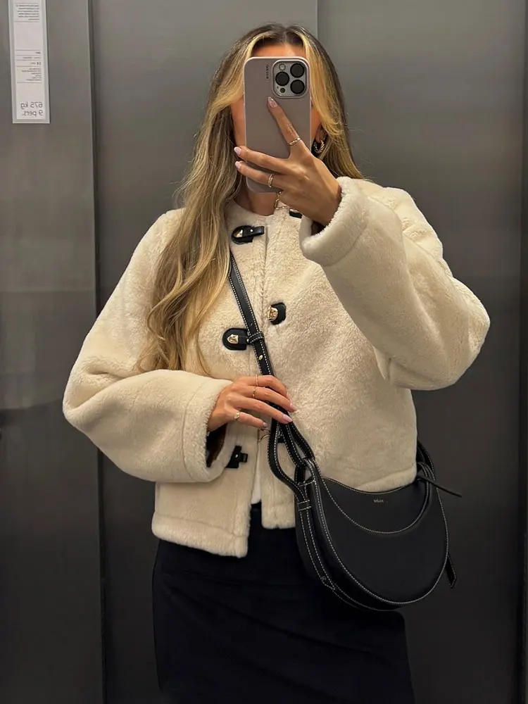 HH Women Elegant Solid Faux Lamb Wool Short Coat O Neck Long Sleeve Jacket Autumn Winter Fashion High Street Lady Outerwear