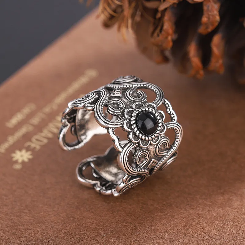 Ethnic Vintage 925 Sterling Silver Obsidian Thai Silver Pattern Open Rings For Women Men Sterling-Silver-Jewelry TYB024 3