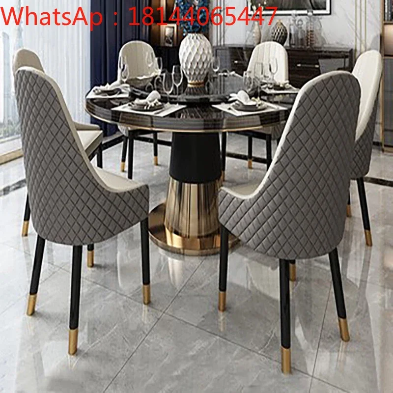 

Postmodern light luxury round dining table large apartment villa living room solid wood turntable table and chair combination