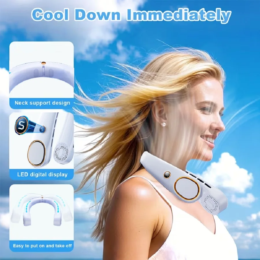 Portable Neck Fan, Hands Free Bladeless Fan, 5 Speeds, 3000 mAh Battery Operated Wearable Personal Fan, Twistable, Rechargeable