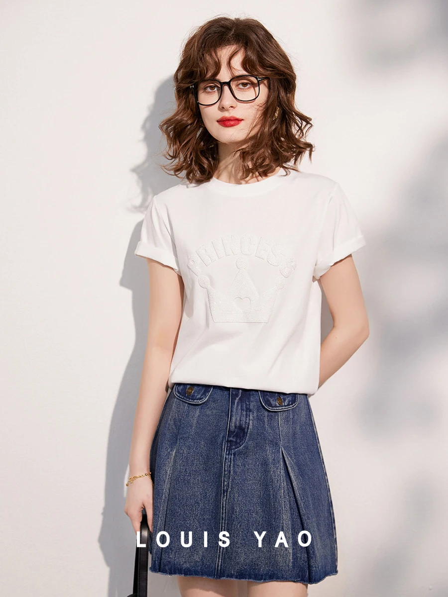 

LOUIS YAO Women T-shirt 100% Cotton Tee 2024 Summer Round Neck Short Sleeve Basic Loose Fit Casual White Gray T-shirt Top