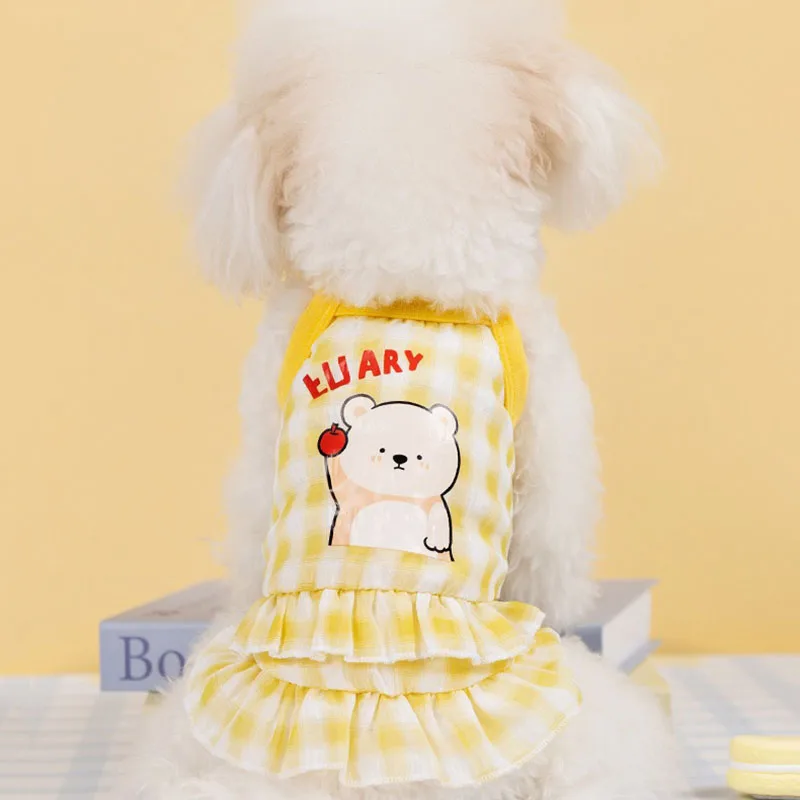 Spring Puppy Clothes Macaroon Plaid Cartoon Pet Halter Dress Breathable Mesh Dress Teddy Pretty Clothes Pet Supplies