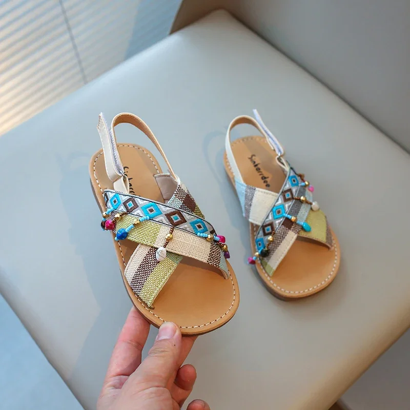 Girls Sandals Kids Summer Beach Shoes Gladiator with Pendants Retro Vintage Children Ethnic Sandals Flat Patchwork Bohemian Ins