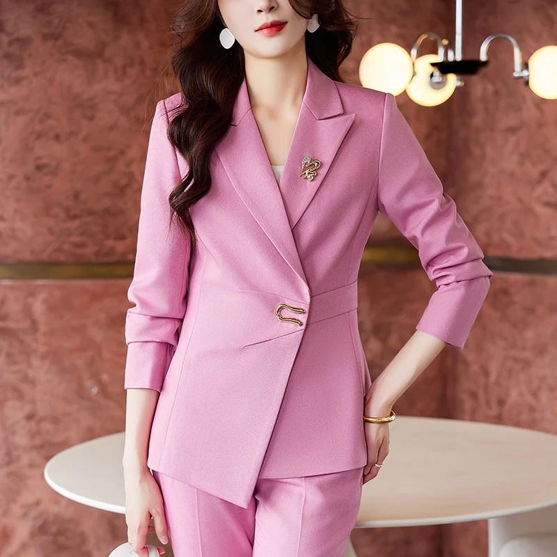 

Women's Retro Casual Metal Buckle Belt Blazer Wide Legged Pants Set Commuter Solid Color Waist Wrapped Suit Pants, Two Piece Set