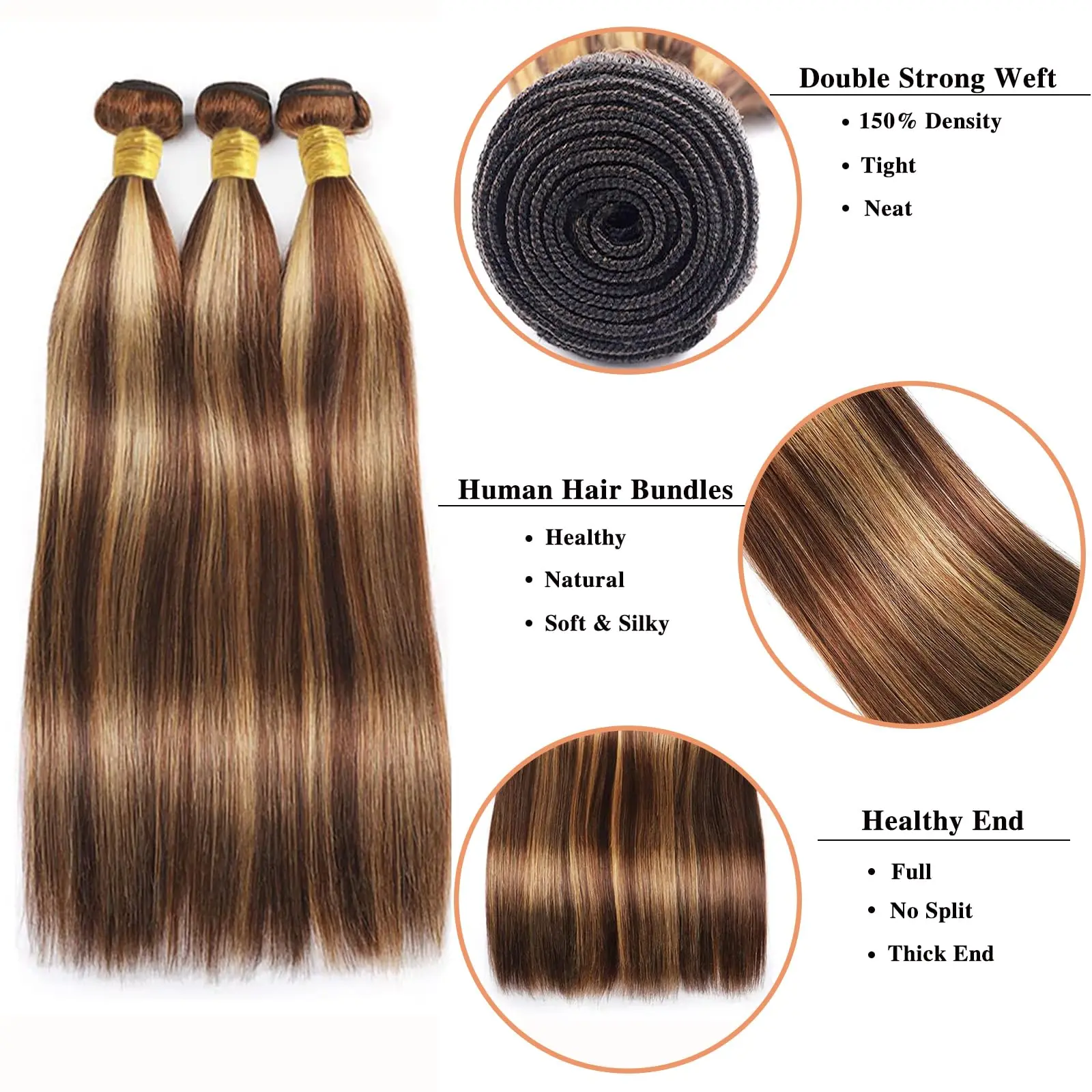 Higlighted Straight Human Hair Bundles P4/27 Brown Color Brazilian Real Hair Extentions Double Wefts Remy Bundles 16 to 26 Inch