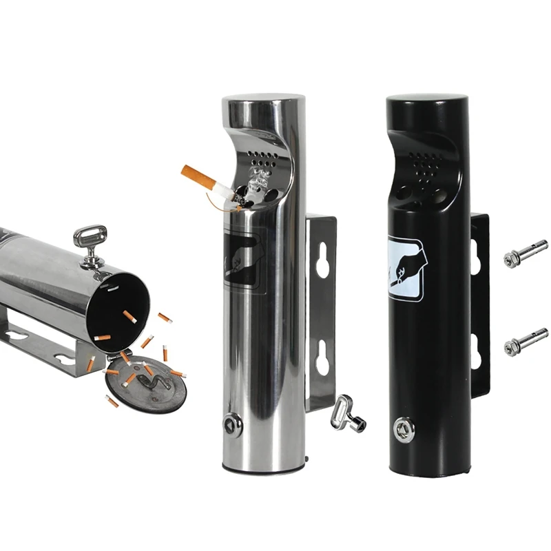 2L Outdoor Ashtray Cylinder Wall Mounted Ashtray Stainless Steel Cigarette Ash Bin