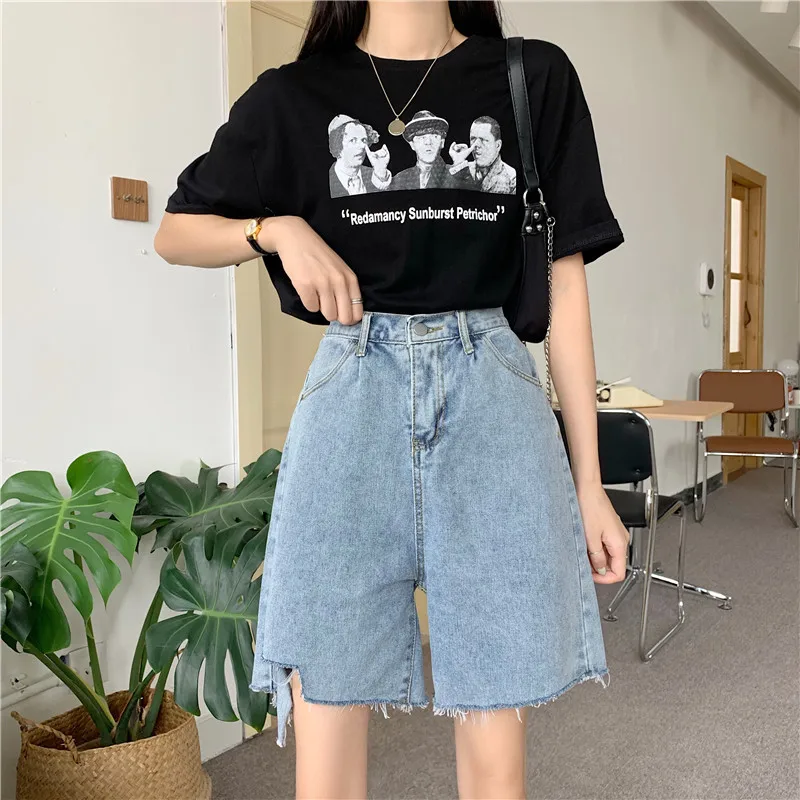 workout clothes for women 2021 New Women's Loose Denim Shorts Elastic Waist Ripped Hot Pants Thin High Waist five-point Short Jeans Pants for Girl Summer outfits for women