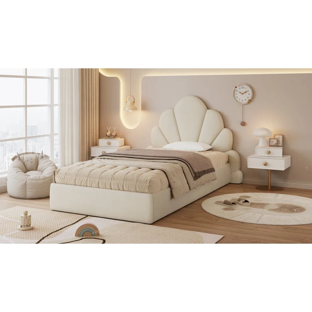 Gepolstertes Doppelbett, Kopfteil mit gebogenen Blütenblättern, stilvoll und bequem, moderner Bettrahmen, Samt, Beige, 140 x 200 cm – Detail 37