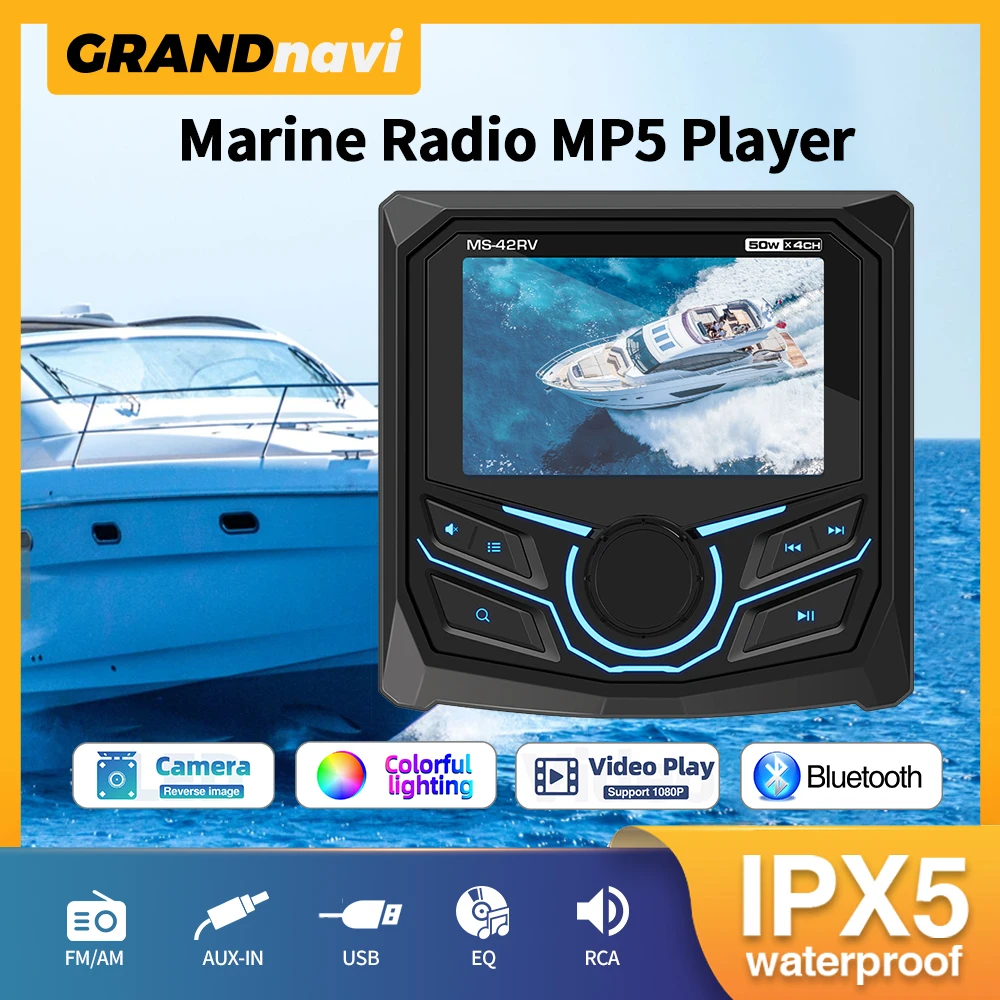 Marine Radio MP5 Player Boat Stereo For Yacht RV ATV UTV Golf Cart FM AM Digital Media Audio Bluetooth IPX5 Waterproof