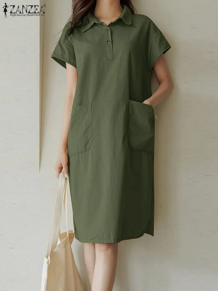 

2023 ZANZEA Fashion Short Sleeve Dress Summer Lapel Neck Solid Midi Robe Woman Elegant Dresses Vintage OL Work Sundress Oversize